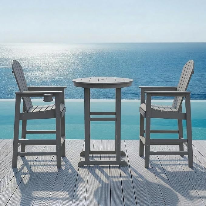 3-Piece Gray HDPE Indoor/Outdoor Bar Height Bistro Set, 31.1" Round Pub Table with 2 Bar Stools, All-Weather Patio Furniture for Balcony, Deck, Poolside & Coastal Use