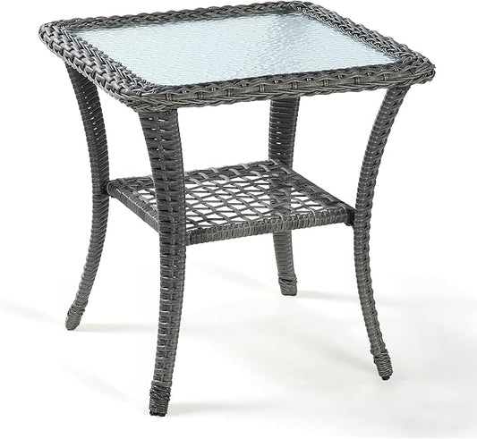 VIVIJASON Outdoor Wicker Side Table, All-Weather Rattan Patio Side Table Bistro Table with 2-Tier Storage, Tempered Glass Top Square End Table for Indoor, Balcony, Garden, Porch, Deck, Gray