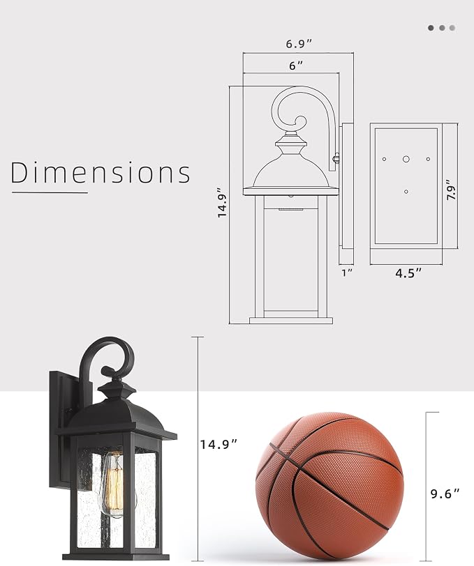 FEMILA Outdoor Wall Sconce, 15" Matte Black Seeded Glass Outdoor Sconce Lights, Front Porch Light Fixtures Wall Mount, Garage Lights for Patio, Entryway, Garden, E26 Base, 4FD54B BK