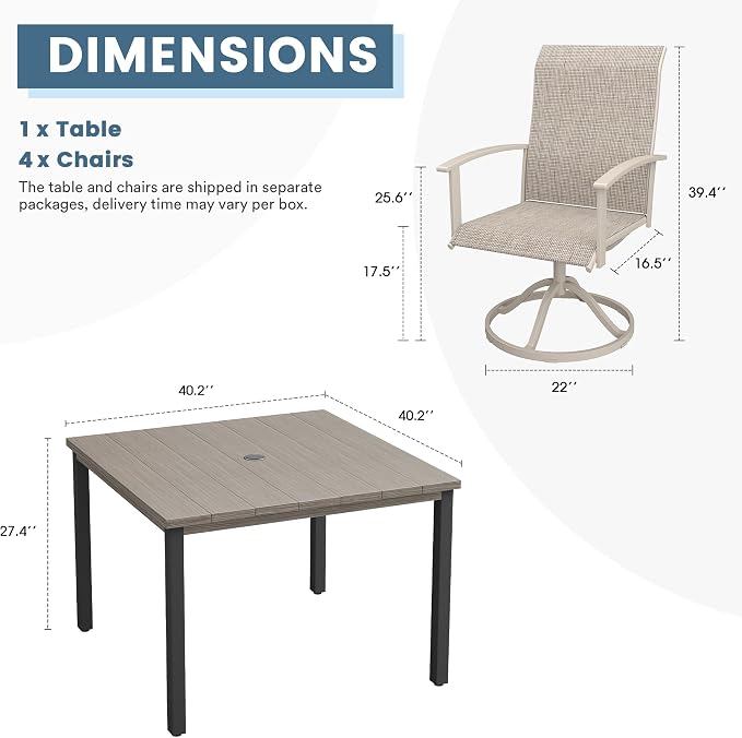DIFY 5 Pieces Outdoor Dining Set, Metal Patio Table and Chairs Set for 4 with Umbrella Hole, 40.2" Grey Wood-Like Square Table and Sandshell Textilene Swivel Patio Chairs for Garden, Backyard, Deck