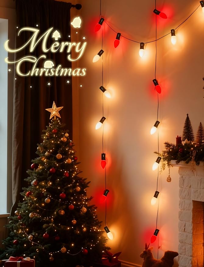 26Ft C7 LED Red and White Christmas Lights, Vintage Christmas Decorations with 27 LED Ceramic Bulbs, Connectable Hanging String Lights for Holiday Party Patio Roofline House Xmas Decor, Green Wire