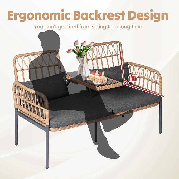Outdoor Loveseat 2 Pieces Patio Furniture Set, Porch Furniture Wicker Large Loveseats, Patio Conversation Sets with Cushions & Lumbar Pillows and Built-in Table
