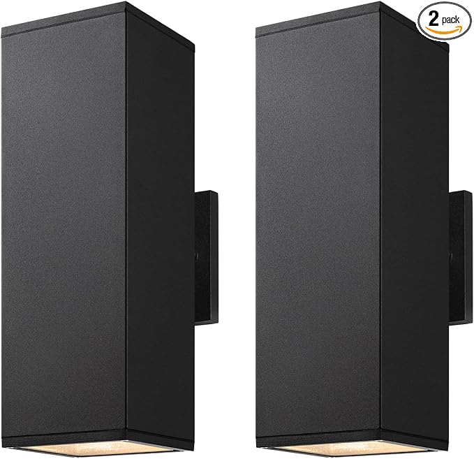 mirrea 14" Modern Outdoor Porch Light in 2 Lights, Matte Black, 2 Pack | Patio wall sconce, aluminum rectangular tube, tempered glass, waterproof. Up & down lighting for outdoor wall mount fixture.