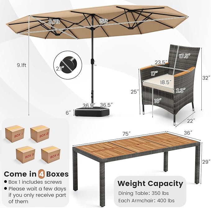 Tangkula 10 Pieces Patio Wicker Dining Set w/Double-Sided Patio Umbrella, Outdoor Acacia Wood Furniture Set w/ 8 Armchairs, 71” Dining Table & 15 ft Umbrella with Weighted Base (Coffee)
