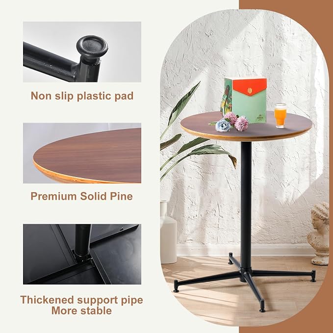 LOKKHAN Oak Top Premium Steel Patio Bistro Table, Backyard Dining Table, Indoor-Outdoor Bar Table, Garden Coffee Table, Heavy Duty Round Metal Side Table, Waterproof, (23.6" Diax29.5 H)