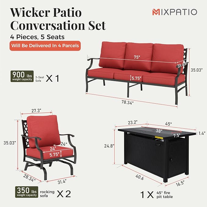 MIXPATIO Patio Furniture Set, 4 Pcs Metal Outdoor Conversation Set, 2 Rocking Chairs and 3 Seater Sofa with 5.75" Extra Thick Cushion and Gas Fire Pit Table for Backyard Deck, Red