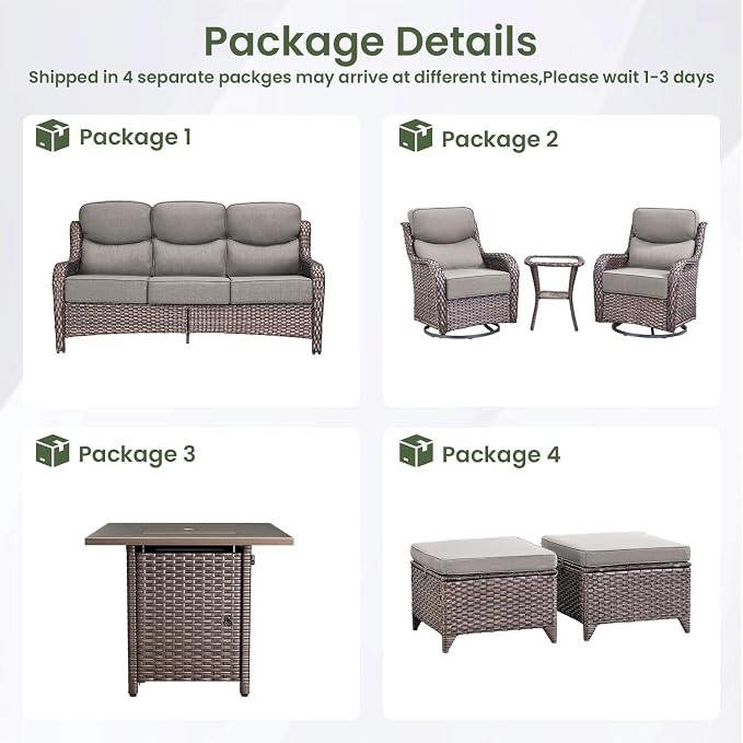 Luxury Patio Furniture Set with 6-inch Thick Cushion, Outdoor Furniture with Fire Pit Table, Swivel Chairs, Sofa, Side Table, Ottomans, 7pcs Wicker Conversation Set (Brown Wicker | Grey Cushion)