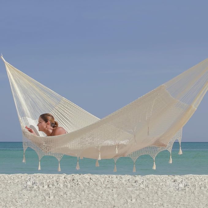 NOVICA Artisan Caribbean Shores Triple Hammock, Handmade Ivory Nylon Solid Rope with Tassels, Mayan Shabby Chic Mexico, Bed 78in L x 90in W Total 158in L