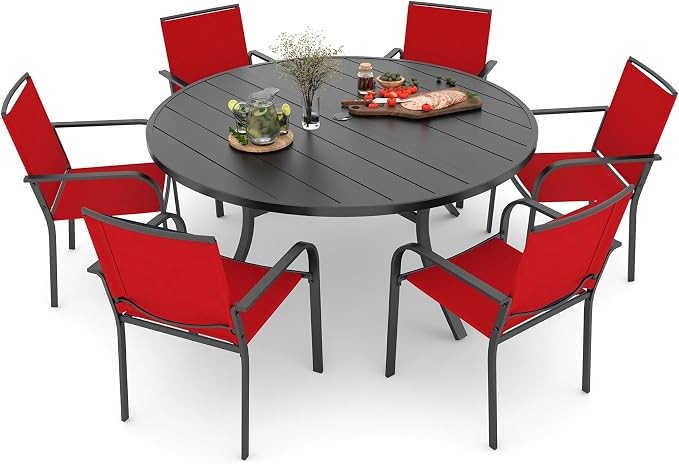 Anmutig Large 54 inch Patio Round Table and Chairs Furniture Set for Garden,Porch, Outdoor 6 Stackable Chairs with Cherry Red Textilene