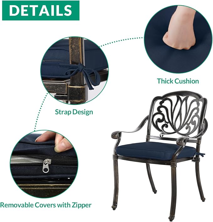 VIVIJASON 5-Piece Outdoor Patio Dining Set, All-Weather Cast Aluminum Conversation Set, Patio Furniture Set Include 4 Cushioned Chairs, a 35.4 inch Round Table w/Umbrella Hole, Navy Blue Cushion