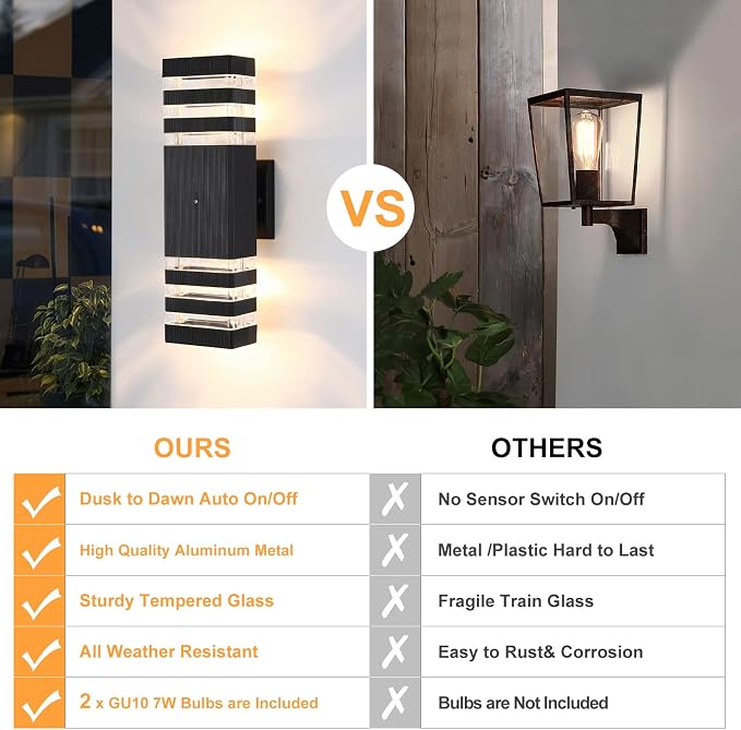 Dusk to Dawn Outdoor Wall Lights 2 Pack, 3000K Warm White Front Porch Light Fixture, Anti-Rust Black LED Up and Down Outdoor Lights for House