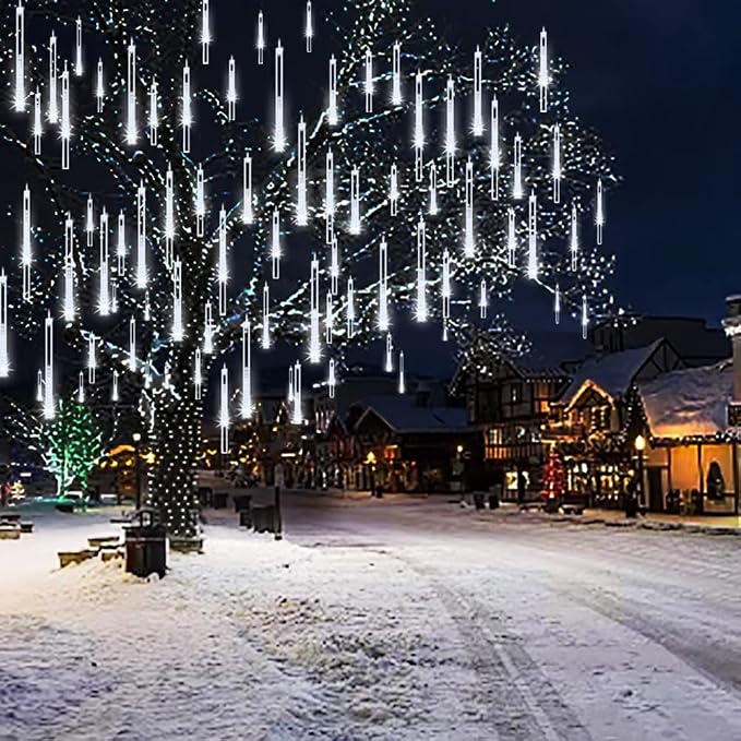 Weepong Christmas Lights Outdoor UL Certified Meteor Shower Lights 12 Inch 8 Tubes 192 LED Falling Rain Drop Icicle Snow Cascading Light for Xmas Tree Wedding Party Garden Decoration, White