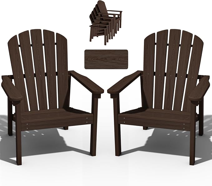 nevilywood Compact Stackable Adirondack Chairs Set of 2,HDPE,380lbs,Coffee | 26.3" Wide HDPE.All-Weather Outdoor.Maintenance-Free.Stackable for Storage.25°Curved Straight Backrest.Quick Assembly