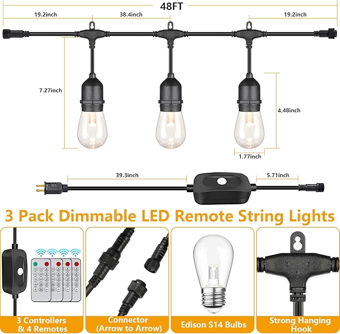144FT(3x48FT) 3 Colors LED Outdoor String Light with Remote, Black | Plug in, Jump/Fade/Static Modes, 2700K/4000K/5000K, 45+3 S14 Bulbs, Waterproof, Dimmable, Connectable, for Balcony Party