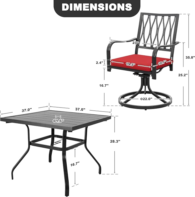 NUU GARDEN 5 Piece Outdoor Dining Set, Outdoor Furniture Set for Square Iron Umbrella Dining Table and 4 Cushioned Swivel Chairs, Black and Red Cushion