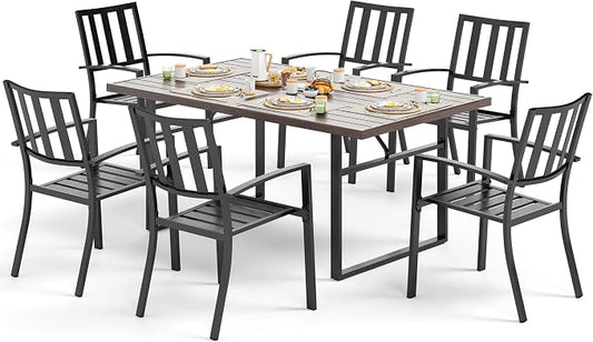 SUNSHINE VALLEY 7 Piece Patio Dining Set for 6, 64x38 Wood-Like Metal Table with Umbrella Hole and 6 Pcs Rust-Proof Stackable Chairs, Outdoor Table and Chairs Set for Backyard Garden Deck (Style 1) | 64x38 Table&6 Pcs Rust-Proof Stackable Chairs, Outdo...