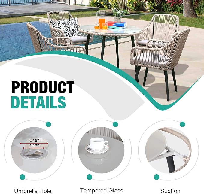Patiorama Outdoor Dining Table, 35'' Patio Round Table, All-Weather Rope Rattan Wicker Patio Dining Table, Patio Tempered Glass Table with Umbrella Hole, Outdoor Coffee Table for Lawn Garden Pool(Tan)