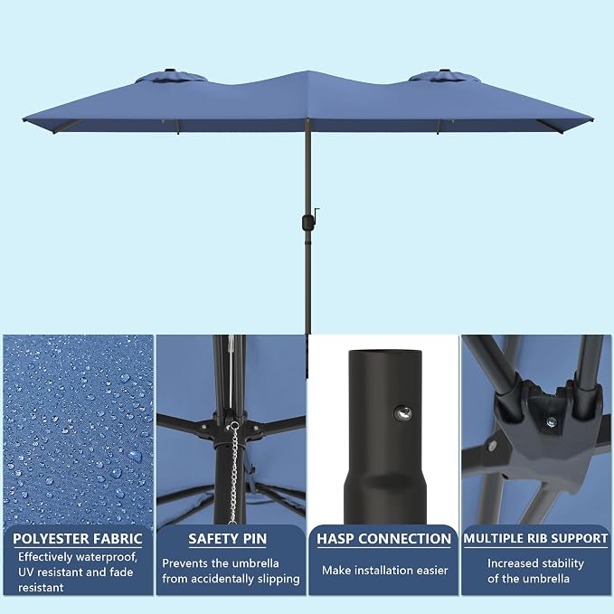 Gotland 7 Piece Outdoor Dining Table and Chairs for 6 with 14Ft Double-Sided Umbrella, Patio Swivel Dining Chairs for 6, Rectangular Patio Dining Table with Umbrella Hole Outdoor Patio Set