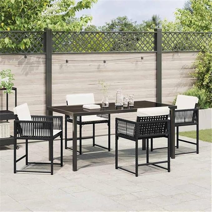 Afuera Living 5 Piece Poly Rattan Garden Dining Set, Black Finish, Weather-Resistant Patio Furniture with Steel Legs, Glass-Top Table and Chairs, Modern Outdoor Set for Gardens, Patios, or Terraces