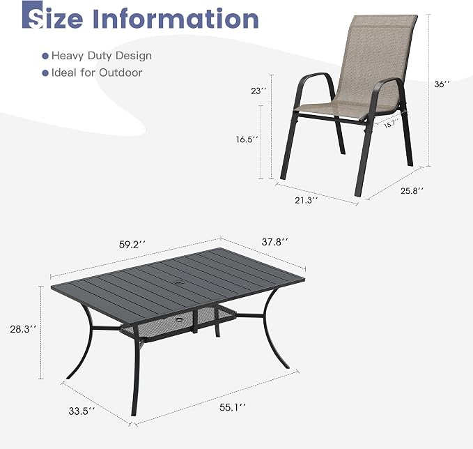VICLLAX Outdoor Patio Dining Set for 6, Metal Slatted Patio Table with Umbrella Hole and Stackable Patio Chairs for Deck Lawn Garden, Brown Fabric and Black Tabletop