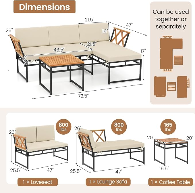 Tangkula 3 Pieces L-Shaped Outdoor Furniture Set, Acacia Wood Patio Sectional Cushioned Conversation Sofa with Square Coffee Table, for Porch, Backyard & Poolside (Beige)