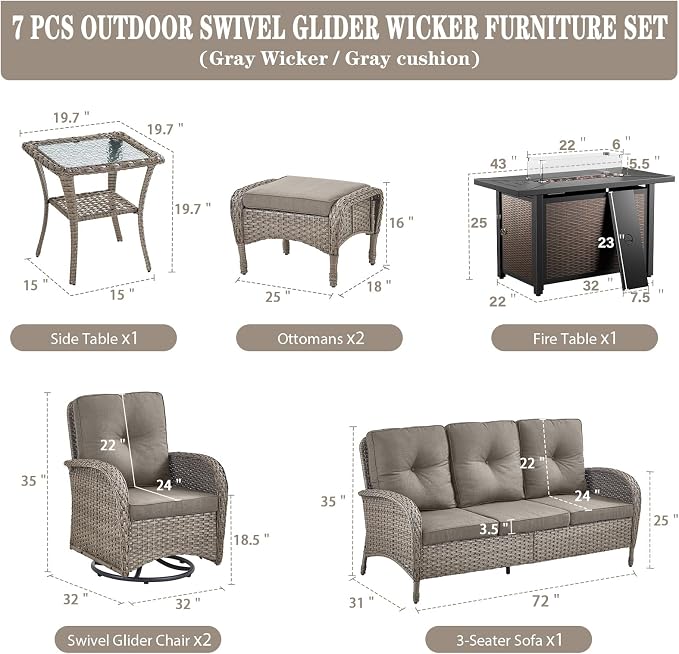 Belord 8 Piece Patio Furniture Set with 50000 BTU Propane Fire Pit Table, Outdoor Conversation Set with 2 Swivel Rocker Chairs Wicker Sofa and Ottomans for Casual Gatherings Grey Wicker