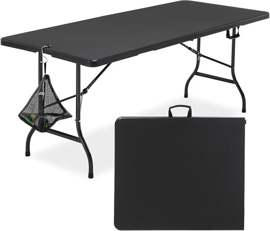 VECELO 6 ft Picini Table with Thickened Top | Removable Mesh Bag | Strong Side Support, 500lbs Weight Capacity Folding Table, Indoor & Outdoor, with Carrying Handle,Black