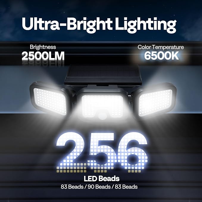 VIVOHOME Solar Flood Lights Outdoor, 256 LED Motion Sensor Lights, 2 Pack | 2500LM, 3 Adjustable Heads Security Lights, IP65 Waterproof, 270° Wide Lighting Angle Solar Powered Lights for Porch, Yard
