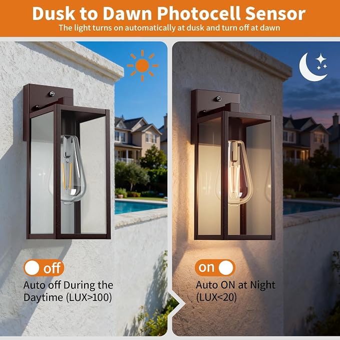 13'' Oil Rubbed Bronze Dusk to Dawn Outdoor Porch Lighting Fixtures Wall Mount, Sensor Exterior Wall Light for House, Ouside Lantern Lamp, Waterproof Wall Sconce Lights, Metal Coach Light for Garage