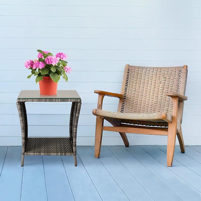 Outdoor Wicker Side Table with Tempered Glass, All-Weather Rattan Side Table with Storage Shelf, Wicker Patio Table for Outdoor Patio, Porch, Garden, Grey