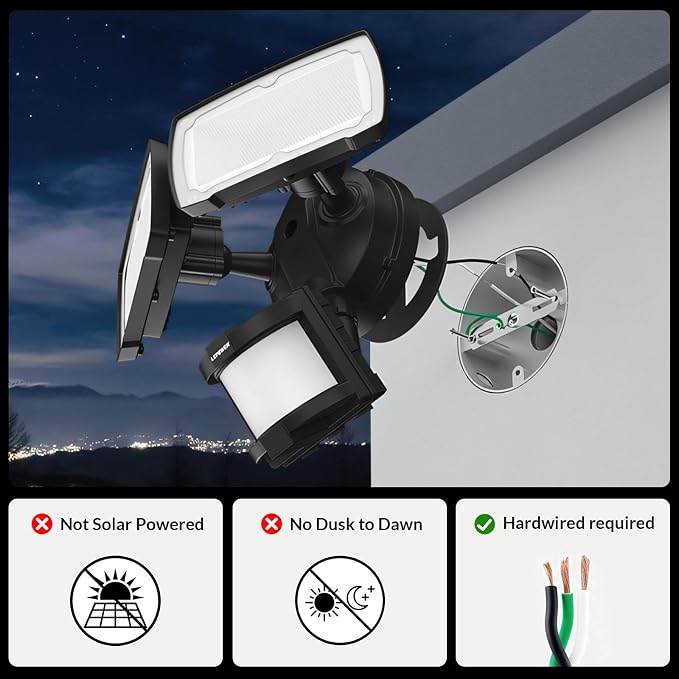 LEPOWER Hardwired LED Security Lights Motion Sensor Outdoor, 40W 4000LM | 5500K Daylight, 72 FT Range & 180° Detection, Easy to Install, IP65 Waterproof, 2 Head Flood Light for Garage, Yard, Porch