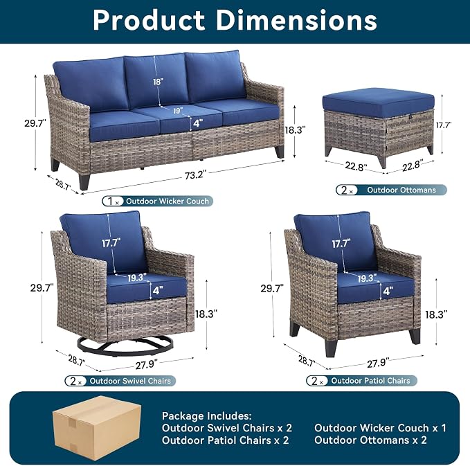 7 Piece Outdoor Patio Wicker Furniture Sets-High Back Outdoor Conversation Set Sectional Sofa with Wicker Swivel Rocker Patio Chairs,Thick Cushions Ottomans for Porch Balcony Patio Deck Grey/Blue