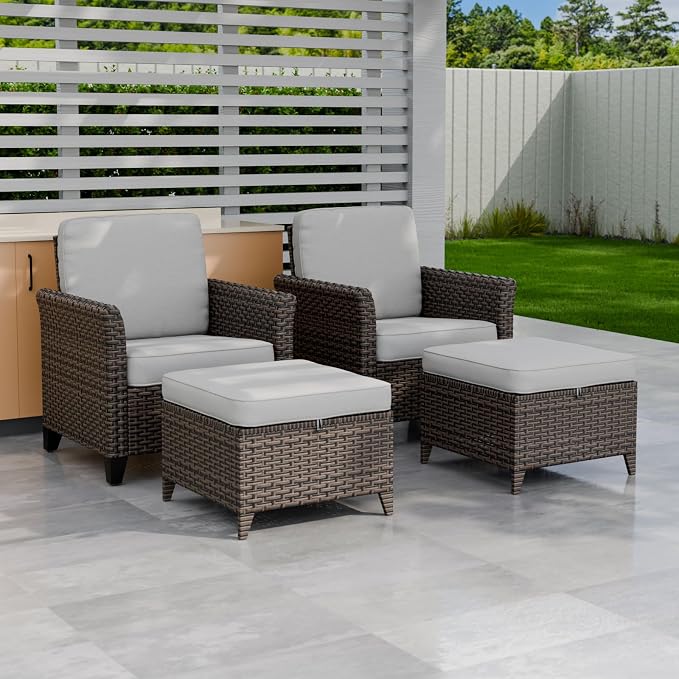 COOS BAY Harbor Retreat 4 Piece Outdoor Furniture Set, Patio Conversation Set with Patio Chairs and Ottomans, Wicker Furniture, Brown/Beige