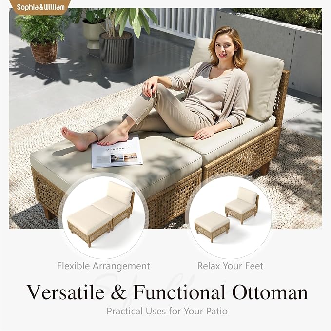 Sophia and William Wicker Patio Furniture Set, L-Shaped Outdoor Sectional Sofas with Ottoman and Acacia Wood Coffee Table, Rattan Outdoor Conversation Set wtih Beige Cushions(6 Seats)