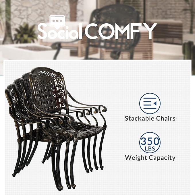 5-Piece Outdoor Patio Dining Set, All-Weather Cast Aluminum Furniture Conversation Set, Include 4 Chairs and a 38.5” Round Table with Umbrella Hole for Balcony, Lawn, Garden