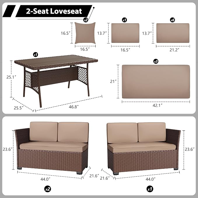 KIGOTY 7 Piece Patio Furniture Set, Outdoor PE Wicker Rattan Outdoor Dining Set, Patio Table and Chairs Set, Patio Conversation Sofa Set with Dining Table and Ottoman(Brown-Camel)