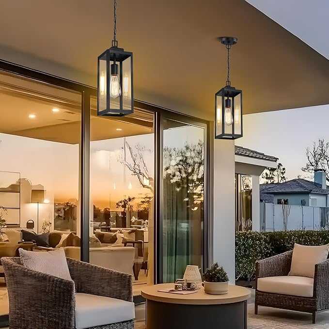 15'' Outdoor Pendant Light 2 Packs, Outside Chandelier Hanging Lantern | Large, Modern Outside Chandelier, Matte Black with Clear Glass, Exterior Pendant Lighting Fixture Ceiling Mount for Porch