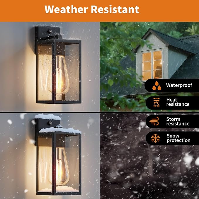 2 Pack 13‘’ Dusk to Dawn Outdoor Wall Light Fixture, Large Front Porch Lights for House, Exterior Wall Sconce, Black Waterproof Lantern Lamp,Outside Coach Light for Garage Entryway Yard