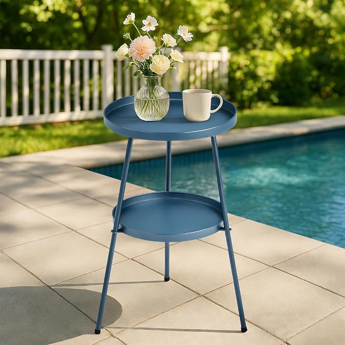 2 Tier Patio Side End Table, Round Metal Lawn Bistro Portable Leisure Standing Coffee Table, Outdoor or Indoor Tray for Living Room Bedroom Balcony Poolside and Office (Navy Blue)