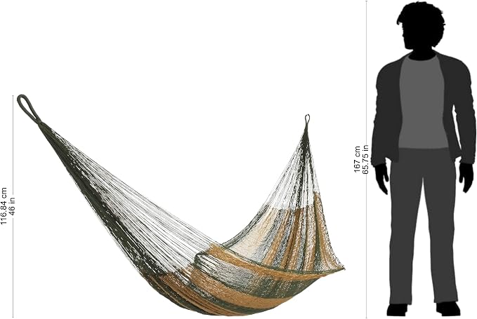 NOVICA Earthtone Olive Green Brown Striped Hand Woven Nylon Mayan 1 Person Rope Hammock with Hanging Accessories, 'Mossy Mountain'