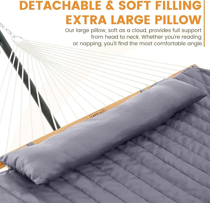 Lazy Daze Hammocks 2 Person Hammock Pad and Pillow Set, Double Polyester Quilted 78" x55" Replacement Pad for Rope Hammock, Grey