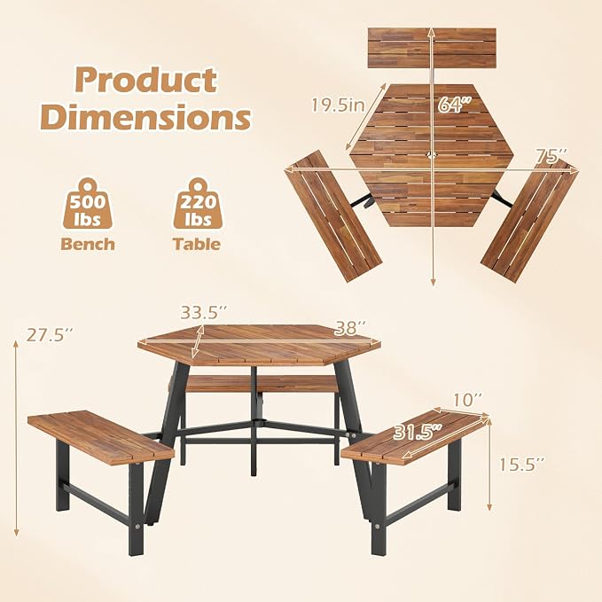Giantex Picnic Table Bench Set for 6, Acacia Wood Outdoor Dining Table Set with 3 Seats, 1.97" Umbrella Hole, 1720 LBS Capacity, Heavy Duty Metal Frame, for Front Porch Patio Lawn Garden