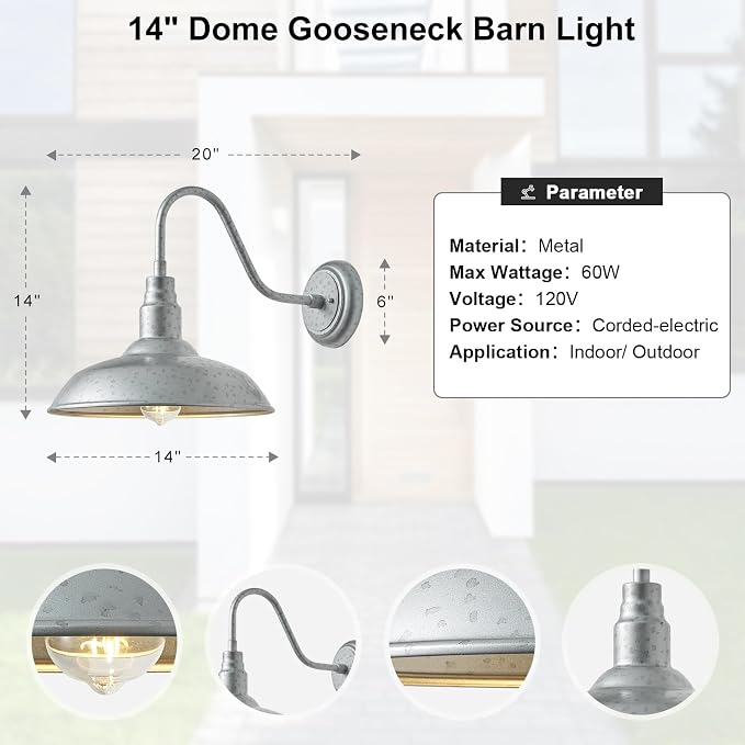 14 Inch Barn Farmhouse Outdoor Light Fixture, 2 Pack Exterior Gooseneck Lights with Galvanized Steel Finish, Outside Wall Sconce with Wall Mount for House, Porch, Patio