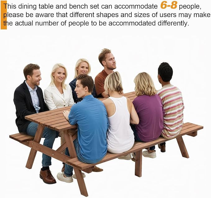 75-Inch 8-Seater Brown Wooden Picnic Table with 2 Built-in Benches, Heavy-Duty Outdoor Dining Table for Garden, Camping & Patio, 2220lb Weight Capacity, Easy DIY Assembly