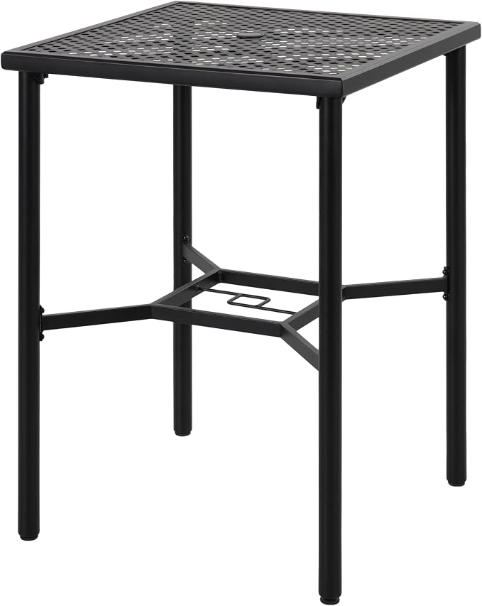 NUU GARDEN Outdoor Height Bar Table, 28" Square Patio Bistro Table with 1.57" Umbrella Hole and Mesh Metal Tabletop, Powder-Coated Metal Outside Furniture for Garden Lawn Poolside, Black with Gold