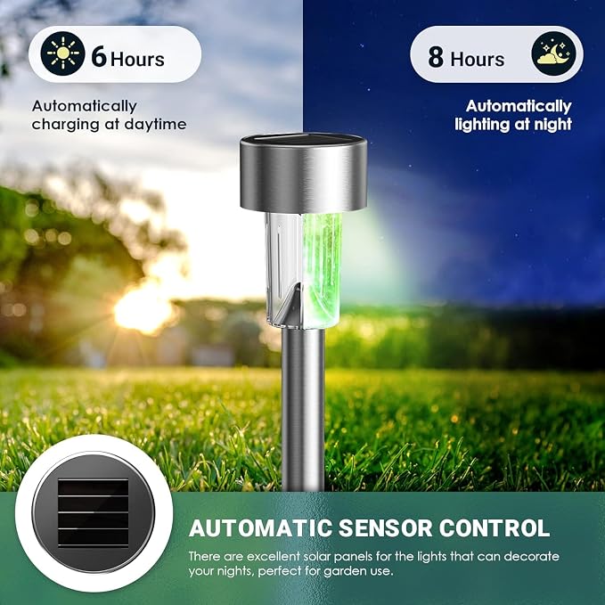 GIGALUMI Solar Garden Lights Outdoor, 12 Pack 6-Color, IP65 Waterproof Decorative Pathway Lights, Stainless Steel LED Landscape Lighting for Yard, Lawn, Walkway