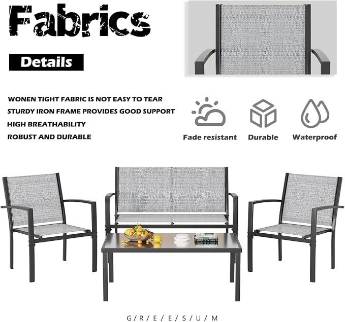 Greesum 4 Pieces Patio Furniture Set, Outdoor Conversation Sets for Patio, Lawn, Garden, Poolside with A Glass Coffee Table, Gray