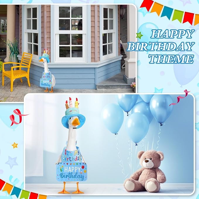 Happy Birthday Porch Goose Outfit Lawn Goose Cloth Costume for 23" Cement Plastic Patio Yard Statue Outdoor(Blue,Triangle Scarf)
