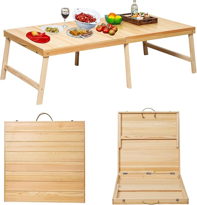 Foldable Boho Wooden Picnic Table, No Assembly Required 60" x 30" Portable Outdoor Indoor Low Picnic Table for Floor Camping, Seating, Beach, Backyard, BBQ, Seats 6–8 People