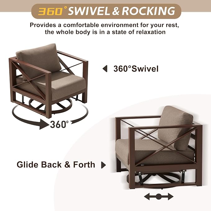 Aluminum Patio Furniture Set with Oversized Fire Pit Table, 7-Piece All-Weather Outdoor Conversation Set with Swivel Rocking Chairs, Oversized Modern Sofa for Backyard, Deck, Balcony-Brown
